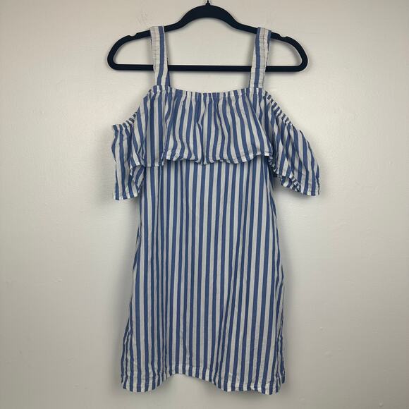 Anthropologie Whit Two Womens Ruffle Off The Shoulder Blue/White Striped Dress - Picture 2 of 8